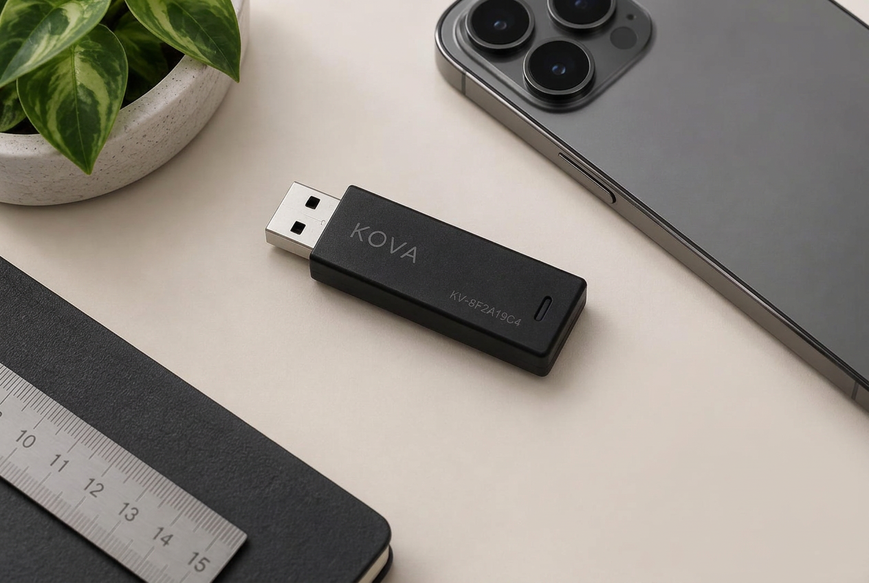 Kova Clicker USB hardware beside a phone on a desk